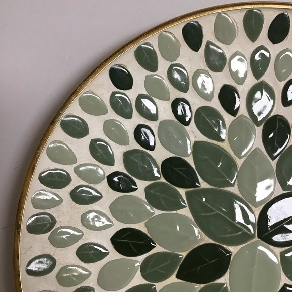 Mid Century Modern Mosaic Tile Round Plate 12” Console Green Leaves Art Vintage - Picture 7 of 16